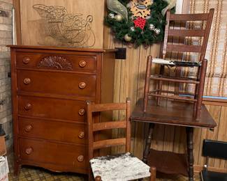 ANTIQUE DRESSER AND WOOD CHAIRS WITH COWHIDE SEATS, ANTIQUE ACCENT TABLE