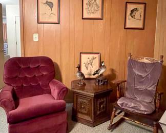 VINTAGE VELOUR SWIVEL ROCKING CHAIR, ANTIQUE WOOD ROCKER, VINTAGE WILDLIFE PRINTS
