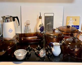 CORNING WARE PERCULATOR COFFEE POT, VINTAGE ANCHOR HOCKING AMBER BAKEWARE