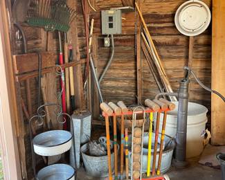 VINTAGE CROQUET SET, PLANTERS, YARD TOOLS