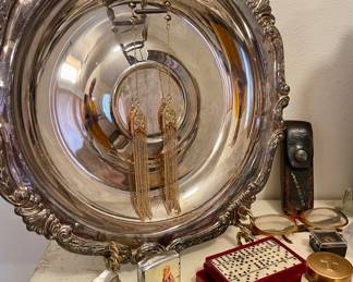 SILVERPLATE, VINTAGE LIGHTERS, TINY DOMINO SET, 3 MERRY WIDOWS TIN, VINTAGE LEATHERMAN