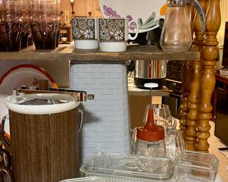 MCM ICE BUCKET, VINTAGE CLEAR REFRIGERATOR DISHES, NUT CHOPPER