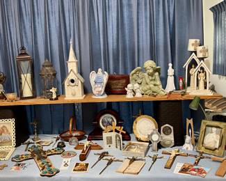 RELIGIOUS ITEMS INCLUDING CROSSES, CRUCIFIXES,  ANGELS, & BIRDHOUSE