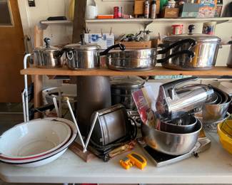 VINTAGE COPPER BOTTOM POTS, SUNBEAM MIXMASTER, ENAMELWARE PANS