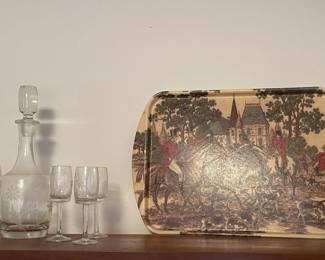 VINTAGE ETCHED CRYSTAL DECANTER AND GLASSES, VINTAGE TRAY