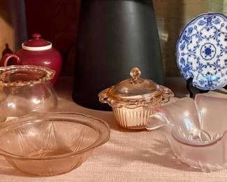 PINK DEPRESSION GLASS, FLOW BLUE PLATE