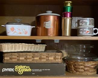 VINTAGE PYREX BAKERS IN A BASKET, ALUMINUM CANISTER
