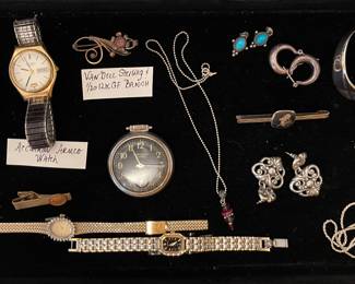 VINTAGE WATCHES, ACCUTRON ARMCO WATCH, 12K GOLD FILLED & STERLING SILVER BROOCH-SIGNED VAN DELL