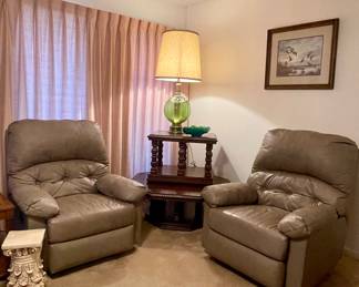LEATHER ROCKING RECLINERS, MCM COFFEE AND END TABLE, VINTAGE PLASTER PLANT STAND