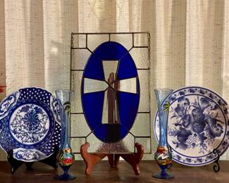 BLUE CROSS STAINED GLASS, BLUE AND WHITE DECORATOR DISHES