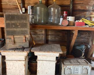 ANTIQUE WOOD PEDESTALS, ANTIQUE TRAP, VINTAGE 5 GALLON GLASS WATER JUGS, VINTAGE AMMO BOX