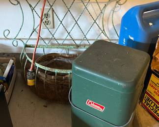 COLEMAN LANTERN, WROUGHT IRON PLANTER STAND