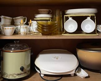 CORNING DISH SET, VINTAGE CROCK POT, ELECTRIC GRILLS