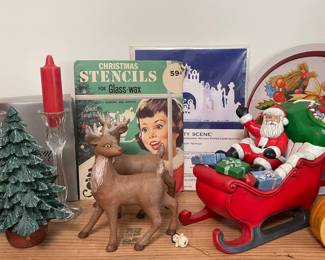 VINTAGE HANDMADE CERAMIC SANTA IN SLEIGH WITH REINDEER