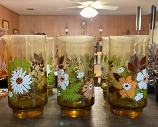RETRO LIBBEY AMBER FLOWER POWER GLASSES
