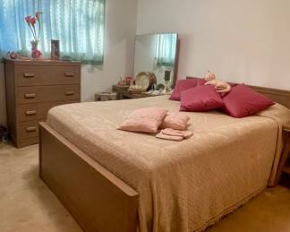 QUEEN MATTRESS ON FULL SIZE MCM HEADBOARD/FOOTBOARD,  MCM CHEST OF DRAWERS