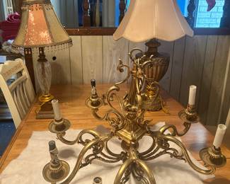 Brass chandelier and lamps