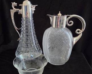 Two Vintage Cut Crystal Pitchers w/ Sterling Rims & Handles; set of Vintage Cut Crystal Dessert Bowls