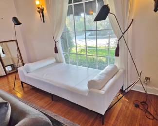 Gorgeous White Leather Day Bed by Christian Liaigre; Pair of (French) Black / Brass Tripod Floor Lamps