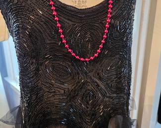 Antique 1920's Hand-Beaded Evening Dress; Vintage Ostrich Feather Collar with Mother-of-Pearl ties ...