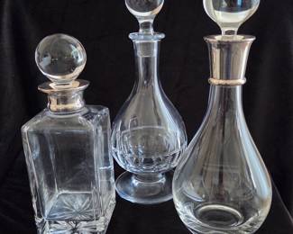 Three Crystal Decanters, 2 with Sterling Rims