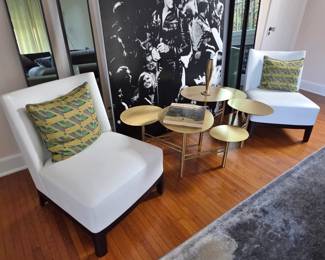 Pair of White Leather Armless Lounge Chairs: Modular Arm Brass Side Table by Nada Debs, signed