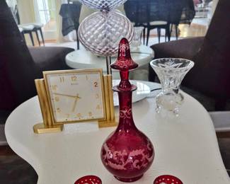 Venini Table Lamp; Deco Brass Desk Clock; 19th. C. Bohemian Etch / Flashed Ruby Decanter w/ 2 Cups