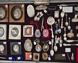 Collection of Antique Miniature Paintings; Waterford Crystal Xmas Ornaments; Antique Sterling Souvenir Spoons; Antique Tiffany Sterling Baby Set; Silverplate Lemon Presses, etc.