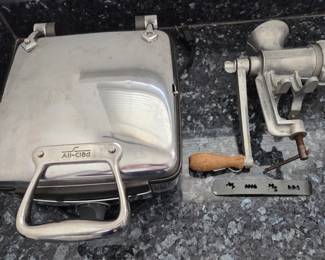 All Clad Waffle Iron; Vintage Meat Grinder