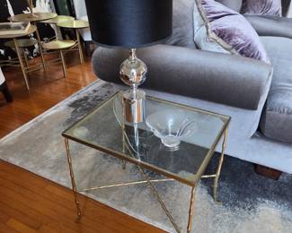 Pair, Faux Bois Brass/Glass Side Tables with a Pair of Chrome Lamps