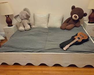 Scalloped Queen Size Bed; large Stuffed Elephant & Bear