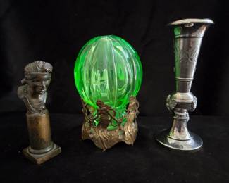 Tiny Italian Bronze on Pedestal; Victorian Quadruple Plate Bud Vase; Victorian Stair Ball sitting in a Gilt Art Nouveau Glass Caddy