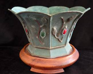 Antique Chinese Bowl on Stand w/ Semi Precious Stones
