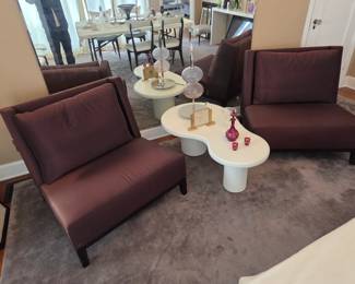 Pair, Aubergine Silk "Latin Lounge Chairs" by Christian Liaigre for Holly Hunt; with a Free Form Coffee Table