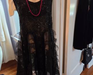Antique 1920's Hand-Beaded Evening Dress; Vintage Ostrich Feather Collar with Mother-of-Pearl ties ...