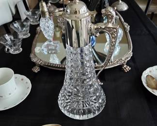 Crystal / Silver Plate Ewer or Pitcher w. an Antique Sterling Spoon