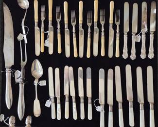 Antique Sterling-Handled Carving Set; Antique Bone-Handled Fish Set; Antique English Sterling Silver Serving Spoon; Two Sets of Mother-of-Pearl Handled Knives; 1960's Silverplate S & P Shakers fro SAS Airlines First Class