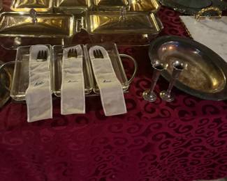Antique servers, trays, silverware, etc.