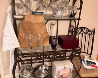 Kitchen set and matching buffet for sale. An abundance of glassware, crystal dishes and serves, dish sets, baking pans, etc.