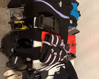6 name brand wet suits, flippers including mares, aqua lung gear, underwater accessories like gloves, snorkels, masks