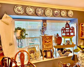 Spode plates, demijohn, birdcages.  