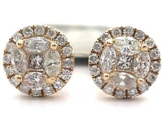 NEW! 0.82 Carat Natural Diamond Illusion Halo Stud Earrings in 14k Yellow Gold