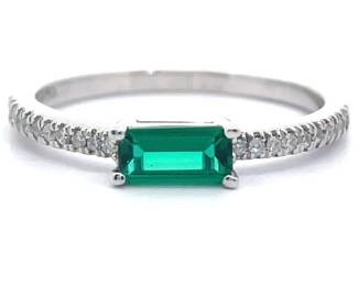 0.10 Carat East-West Baguette Emerald & Pavé Diamond Stacking Ring in 14k White Gold
