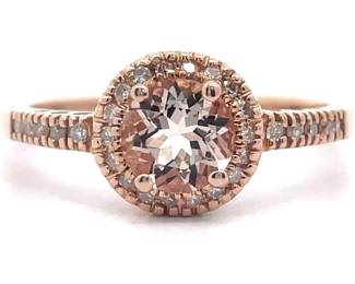 0.12 Carat Morganite & Pavé Natural Diamond Halo Ring in 14k Rose Gold