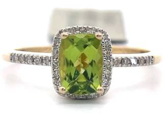 NEW! 0.12 Carat Peridot & Pavé Natural Diamond Radiant Halo Ring in 14k Yellow Gold