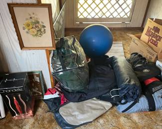 Blow up mattress, ground cover, tent, bike racing suit