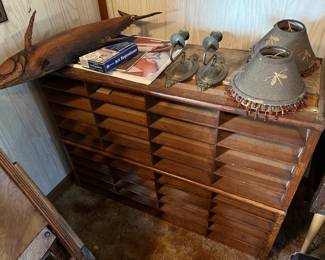 Stacking oak shelving units (2). Used in office or printing company?