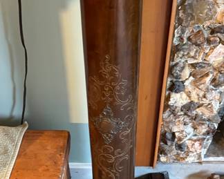 Walnut column / fern stand: carved with brass cartouches