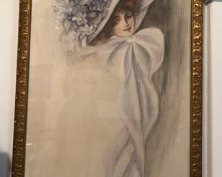 Original c1910 framed Gibson Girl pencil drawing signed Shepherd
