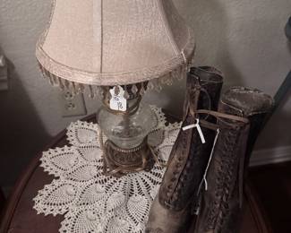 vintage shoes, doilies, lamp
